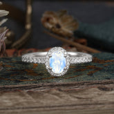 1 Carat Oval Cut Moonstone Halo Ring with Pave Band